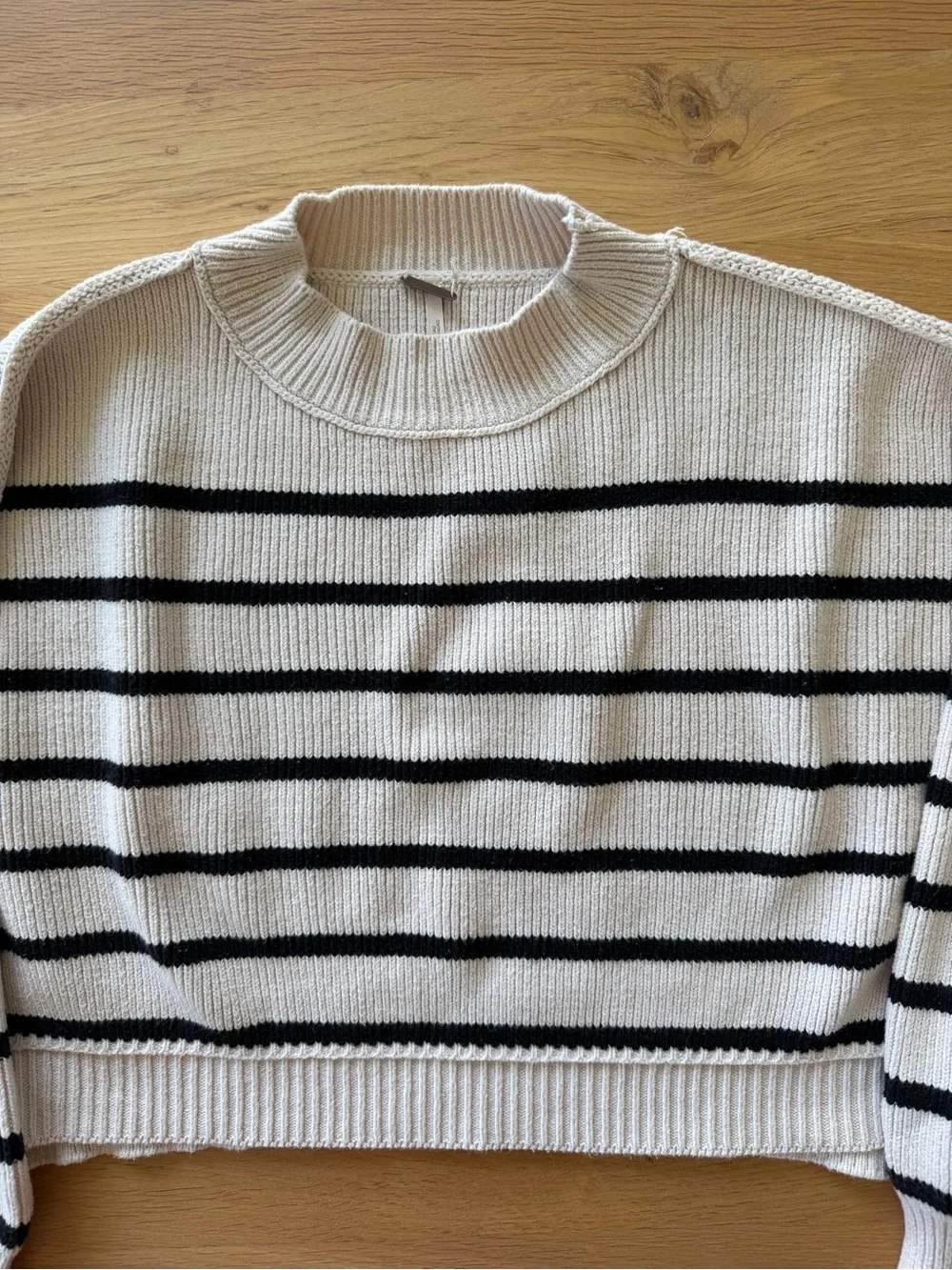 Free People Cropped Striped Crewneck Sweater - Cream with Black Stripes XS